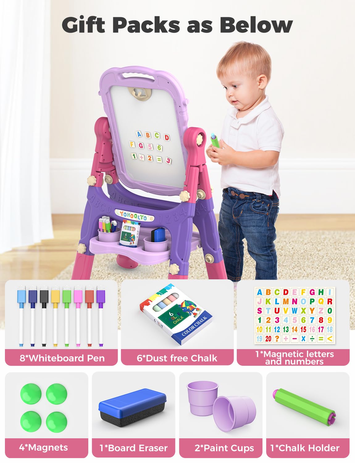 YOHOOLYO Kids Easel Standing Art Easel for Kids, Double Sided Children Pink Purple Easel Magnetic Chalkboard Whiteboard Dry Eraser Board Great Gift for Girls