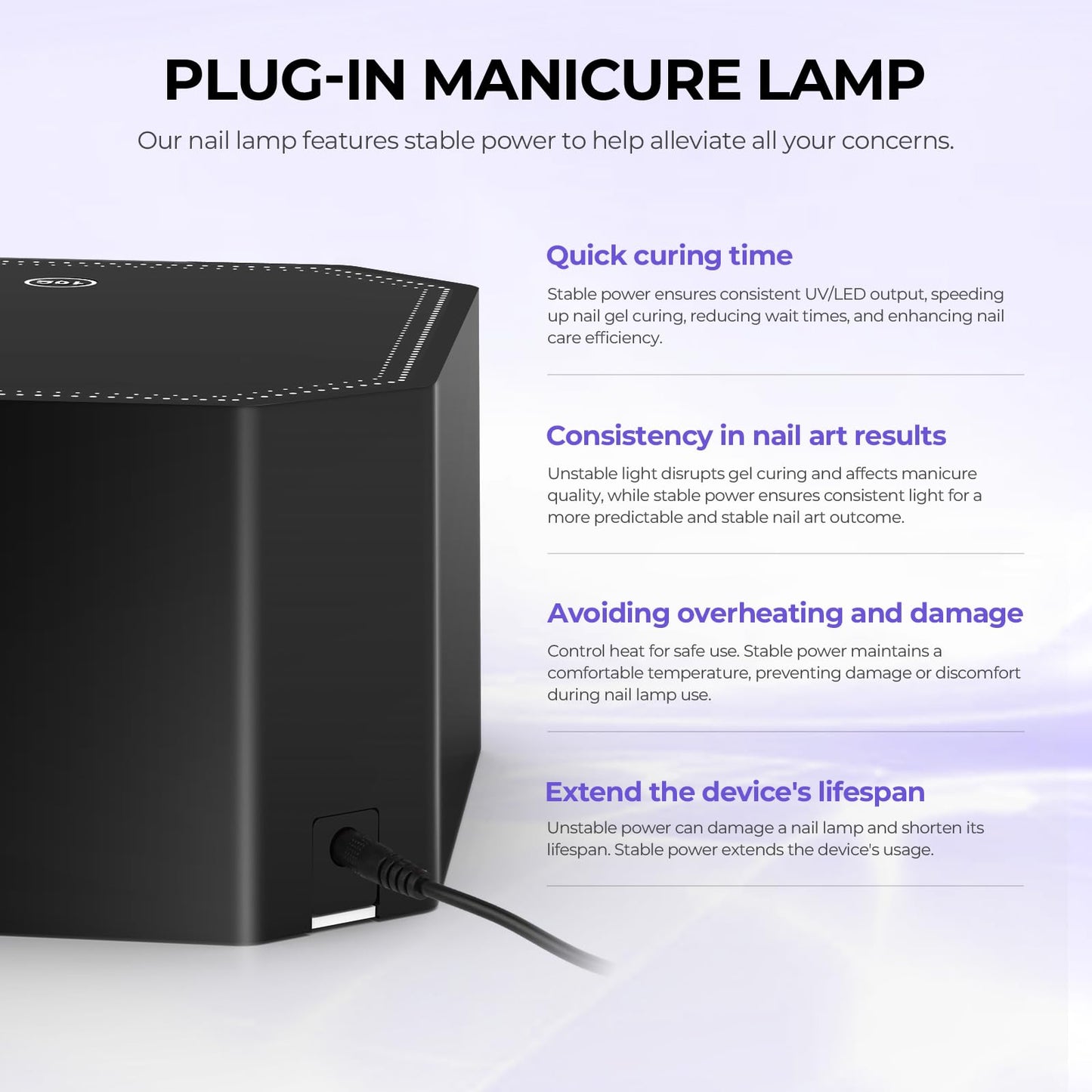 Lavinda 54W UV LED Nail Lamp – Plug-in Gel Nail Light with LCD Display, 4 Timers, Auto Sensor, Dual Wavelength, Nail Dryer for Home & Salon – Black