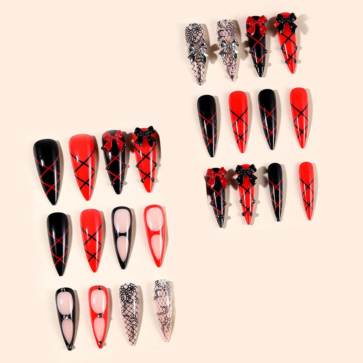 IMRAIN Long Press on Nails Stiletto Fake Nails Red Black False Nails Glossy Acrylic Full Cover Stick on Nails for Women Manicure 24Pcs