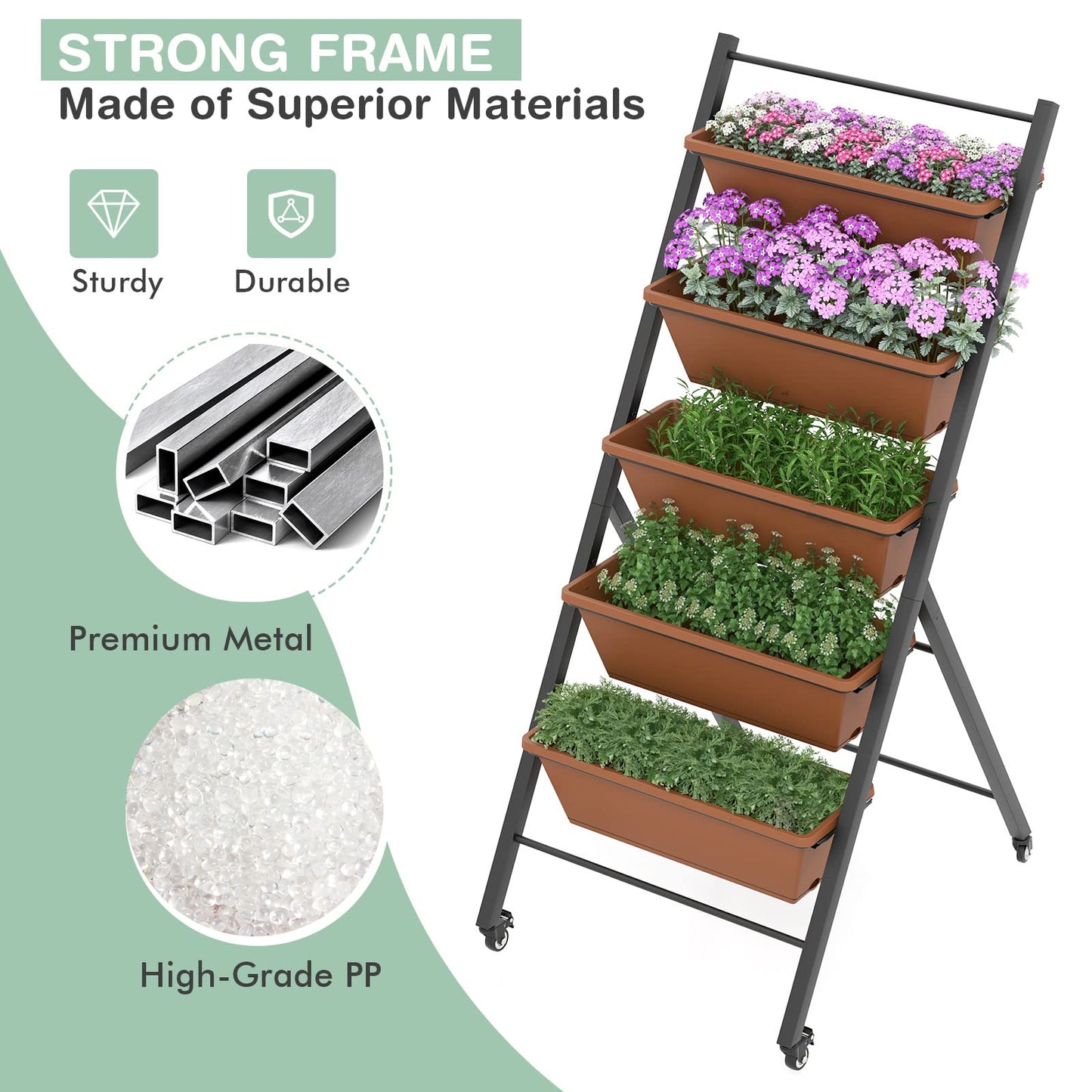 S AFSTAR 5-Tier Vertical Garden Planter, Raised Garden Bed with 2 Lockable Wheels, 5 Removable Planter Boxes, Metal Frame, Indoor Outdoor Elevated Planting Box for Flower Vegetables Fruit Herbs