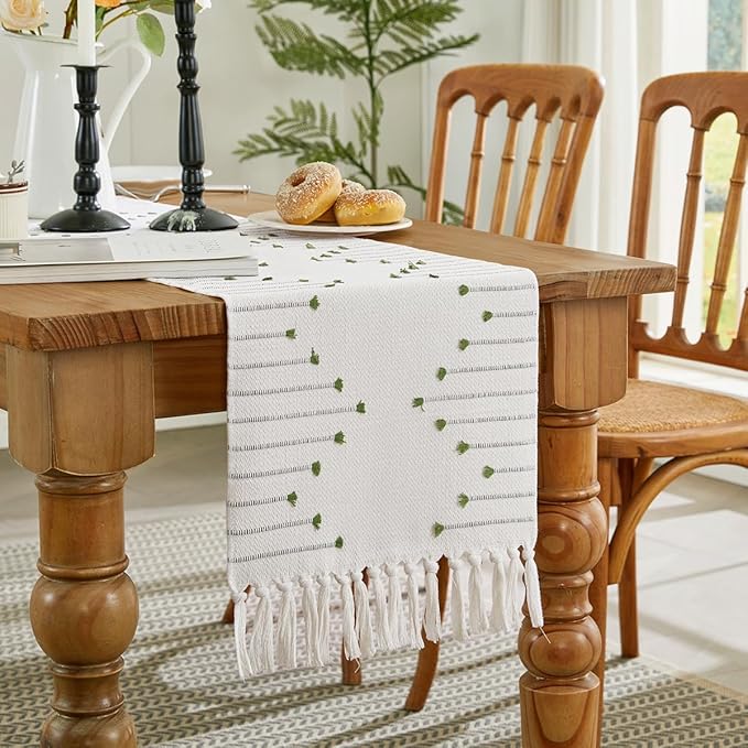 Wracra Boho Table Runner, Natural Cotton Woven Macrame Table Runners 108 Inches Long for Modern Farmhouse Woven Home Decor, 14x108 Inch, Green