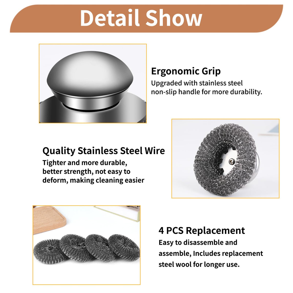 5Pcs Steel Wool Scrubber with Replacement Wire Sponge Pads Set (5 Count)