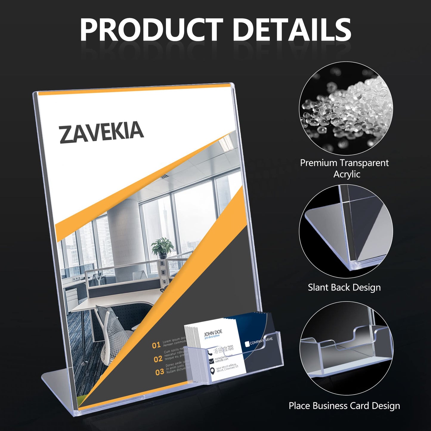 zavekia 8.5 x 11 Acrylic Sign Holder with Business Card Holder, Brochure Display Stand for desktop (8.5 x11 in/2 pack)