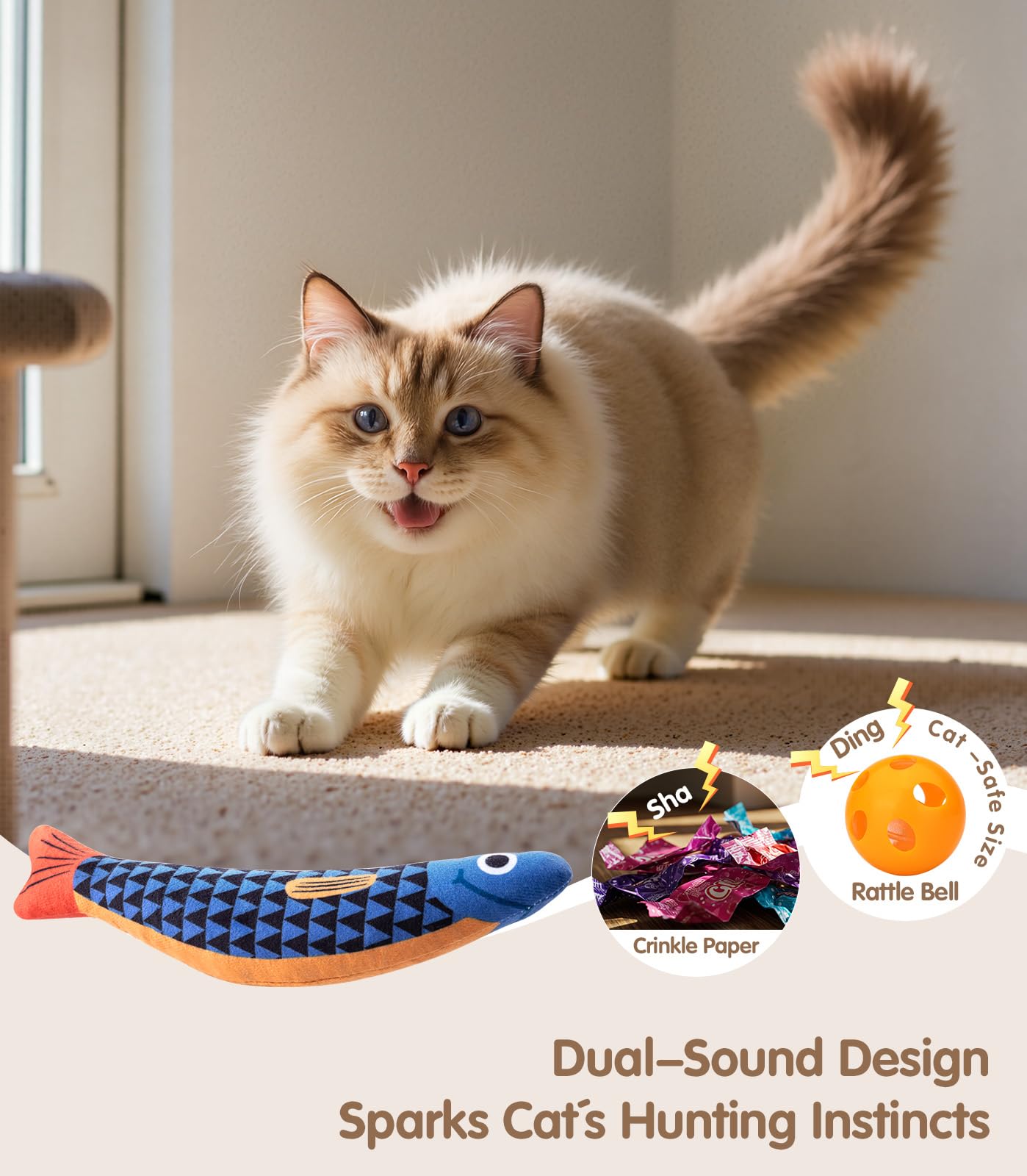 PetBusy Cat Toys with[5000mg A+Natural Catnip &Silvervine] [Baby Grade] Interactive Soft Chew Kicker Cat Toys for Indoor Cats & Kittens, [Crinkle &Bell] Fish Sound Toy, Drives Bored Cat Crazy with Fun