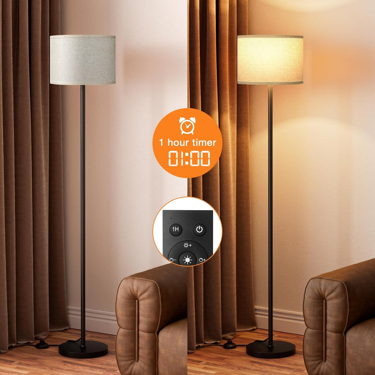 Ambimall 60'' Modern Floor Lamp with Remote, Tall Lamps for Living Room, Bedroom, Office, Dining Room, Beige Shade with Black Pole(Included Bulb)
