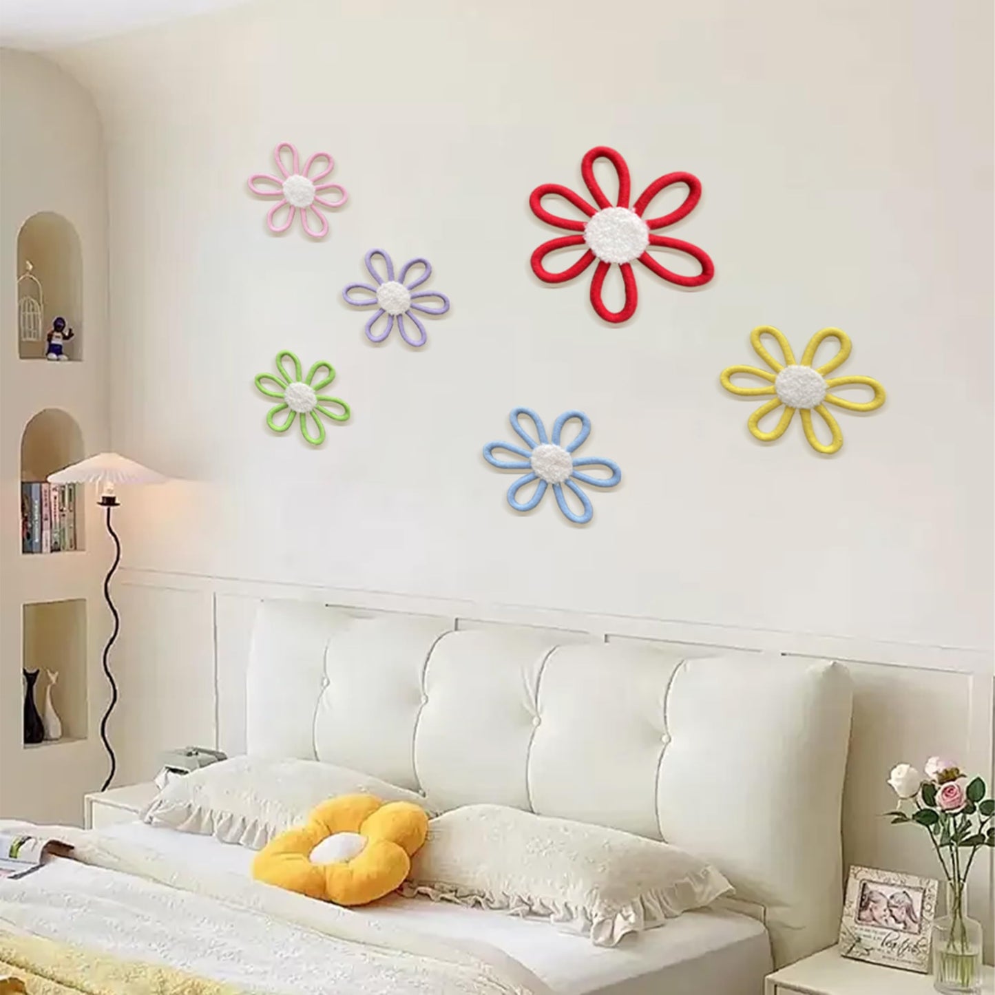 6 PCS Boho Nursery Decor Daisy Flower Woven Macrame Wall Hanging 3 Size for Home Nursery Bedroom Farmhouse Bathroom Decorations Housewarming Gifts