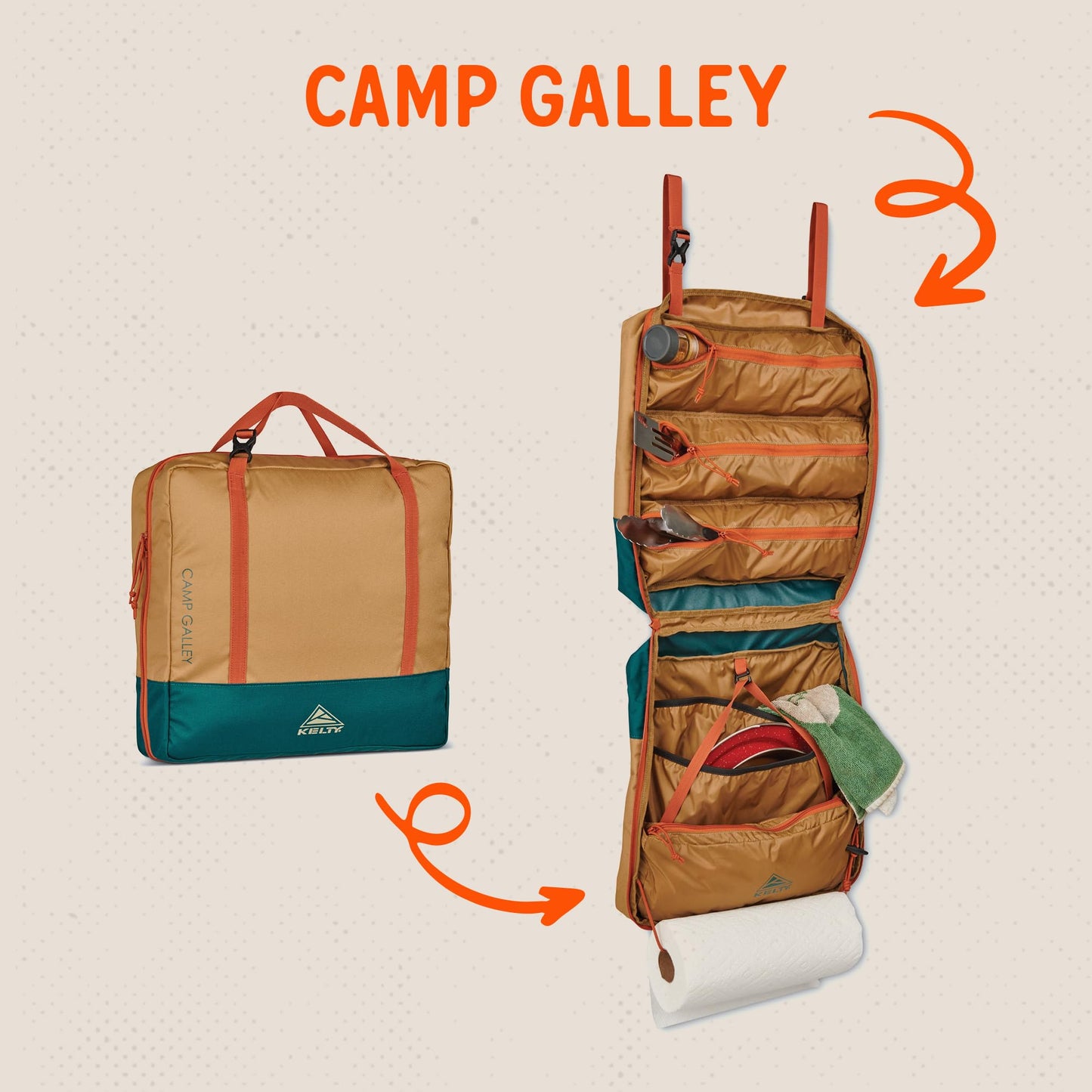 Kelty Camp Galley – Camp Kitchen Organization Kit, Pockets, Compartments for Outdoor Cooking Essentials, Plastic, DULL GOLD/DEEP TEAL