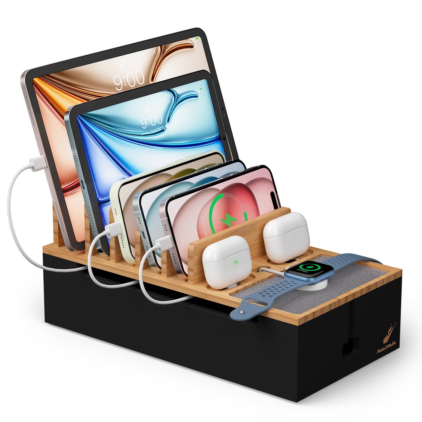Pezin & Hulin Cord Organizer Box, Surge Protector Organizer, Device Charger Station for Phones & Tablets, Wood Charging Dock -with 6 Wire Cables, BUT NO Power Supply - Natural + Black