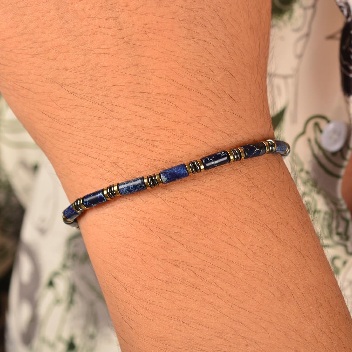 Casvia Blue Sovereign Men's Chakra Bracelet, Handcrafted Blue Emperor & Hematite Beads, Adjustable Stainless Steel Dual Clasp, Thickened Wire Gift for Dad Boyfriend Husband