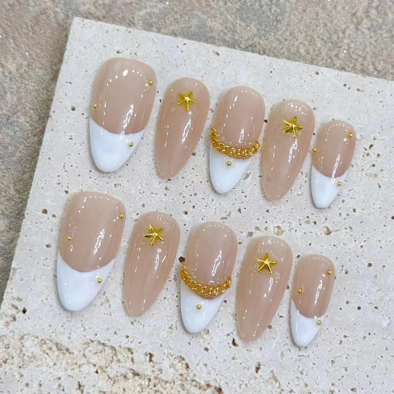Handmade Press On Nails Medium Almond Shape - 3D Gold Metallic Embellished White French Manicure False Nails, Minimalist Spring & Summer Design | Salon Quality Reusable Fake Nails (10PCS-S)