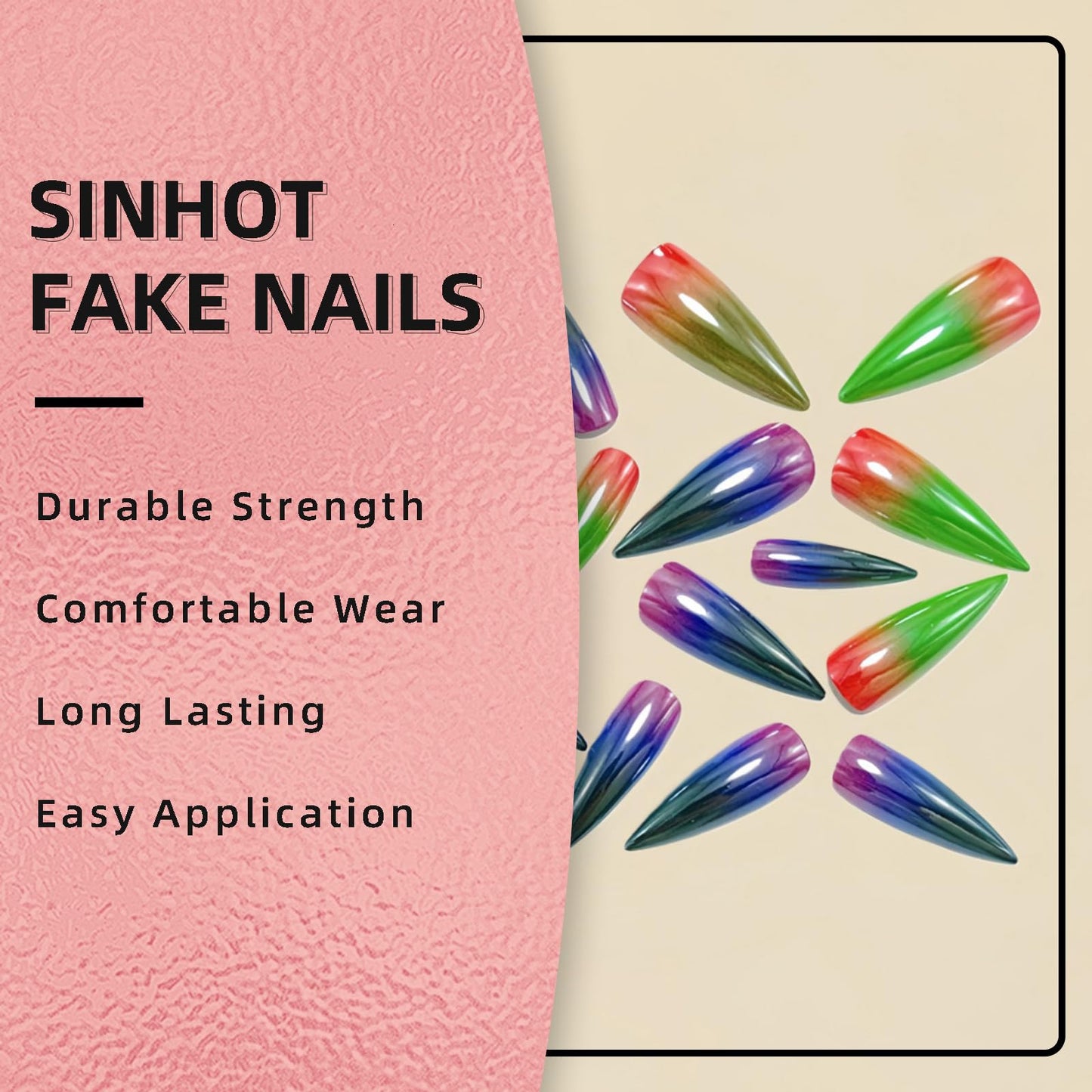 SINHOT Stiletto Press on Nails - Long Fake Nails, Glossy Finish, Colorful Chrome & Metallic, DIY Artificial False Nail Art - 24 Pcs Nail Kit with Glue