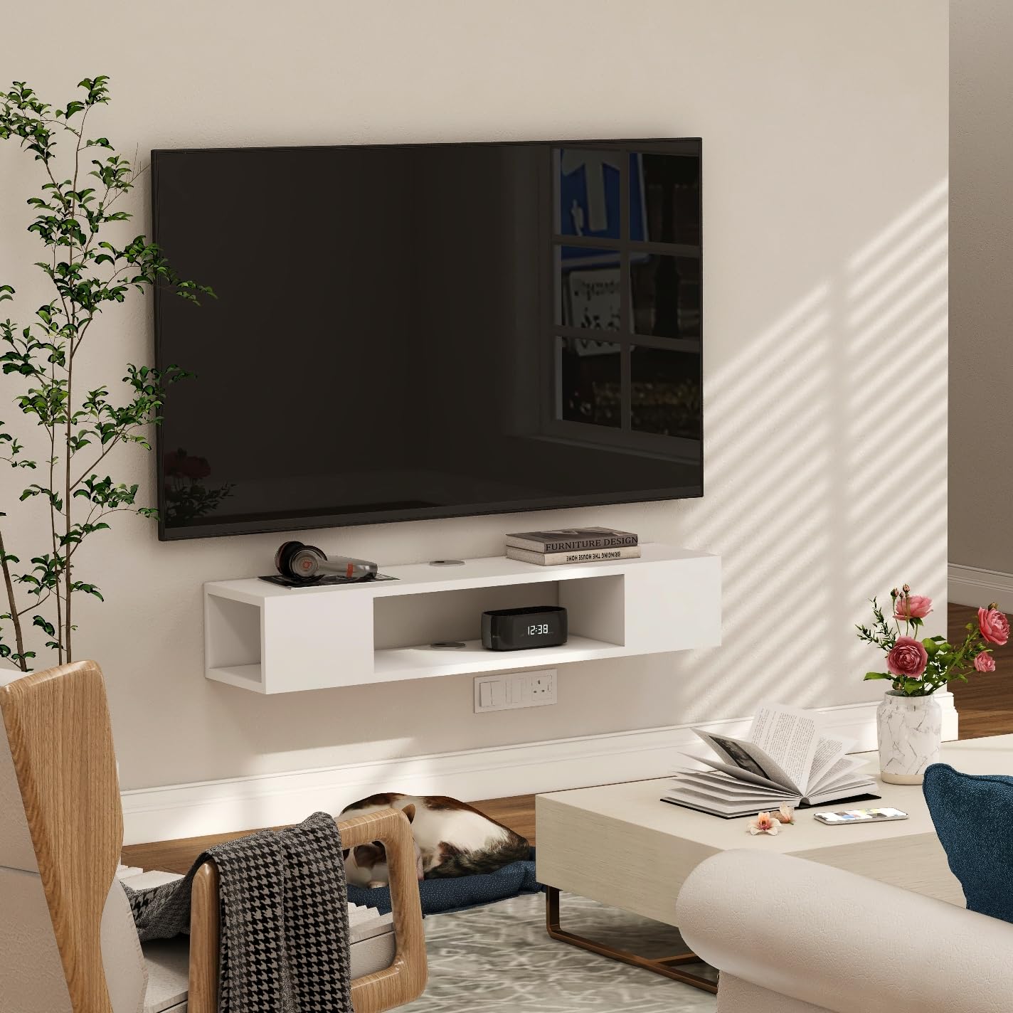 GHC Floating TV Stand, Wall Mounted Entertainment Center and Cabinet Shelf, Media Console for DVD Player, Space-Saving Under TV Shelf for Bedroom, Living Room (White)