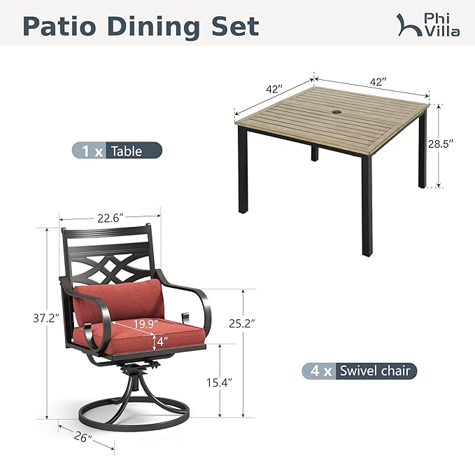 PHI VILLA 5 Pieces Outdoor Dining Set for 4, 42" Square Brown Metal Table with Umbrella Hole & Wrought Iron Swivel Chairs, Large Outside Furniture with Red Cushions & Pillows for Patio, Deck, Porch