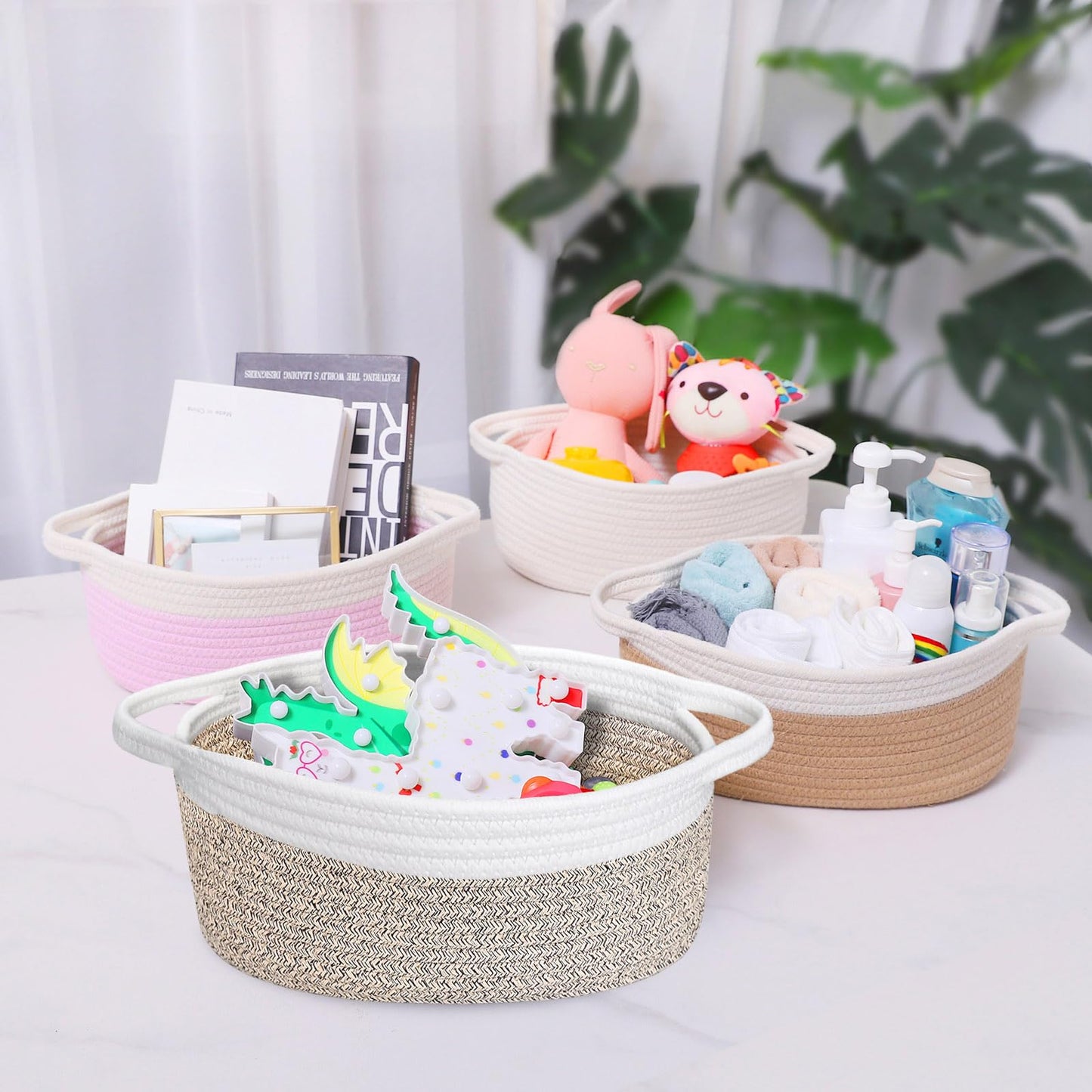 ABenkle Small Woven Basket, 12" x 8" x 5" - Cute Storage Basket with Handles for Room, Cat & Dog Toys, Gift Box