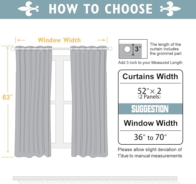 ChrisDowa Blackout Curtains 63 inches Long for Bedroom - 2 Panels Set Grommet Thermal Insulated Room Darkening Curtains for Living Room (Grey, 52 x 63 Inch)