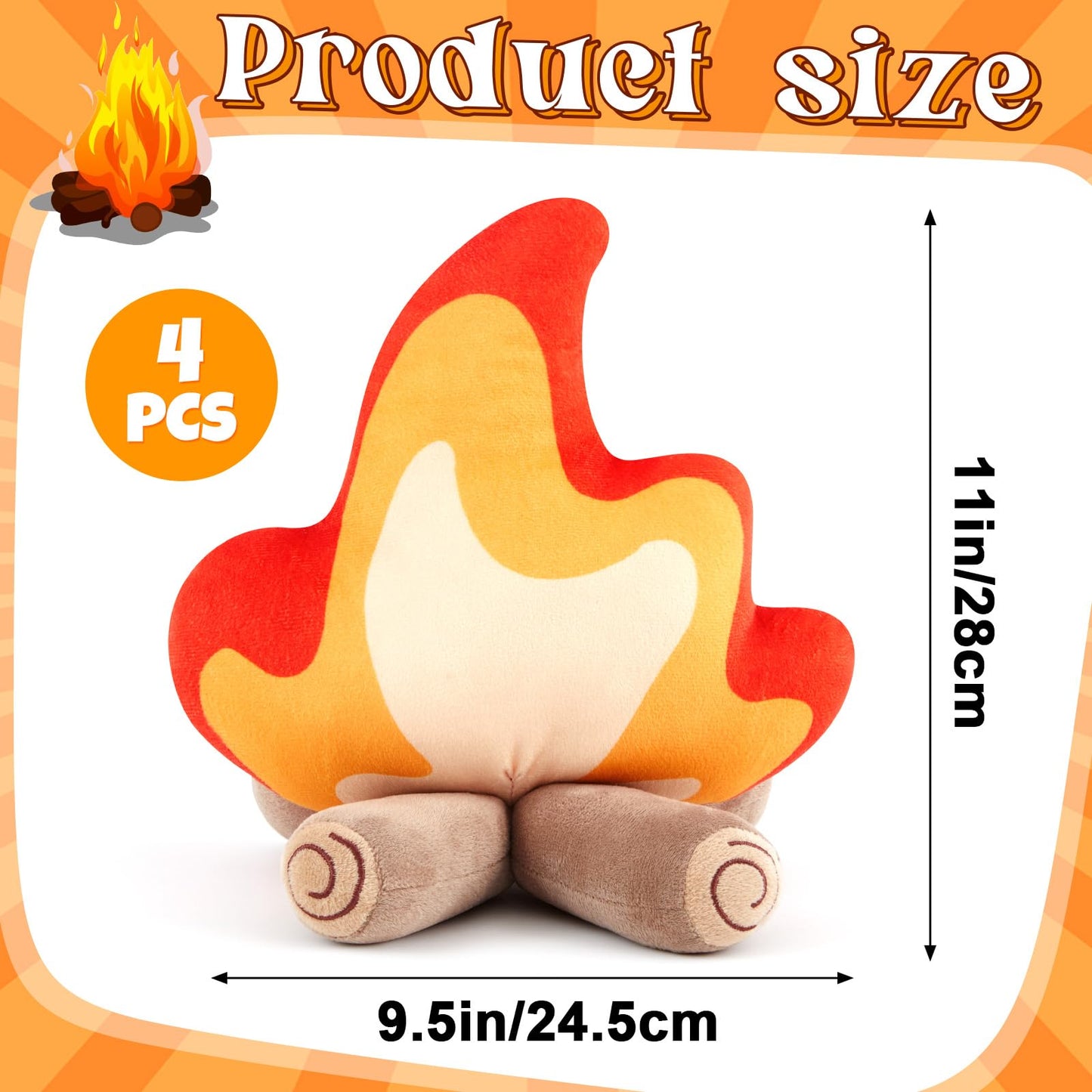 PullCrease 4 Pack Campfire Plush Toys Fake Fire Firewood Plush Pillow for Camping S'More Birthday Party Scene Setting Room Decoration and Woodland Forest Nursery Classroom Decor