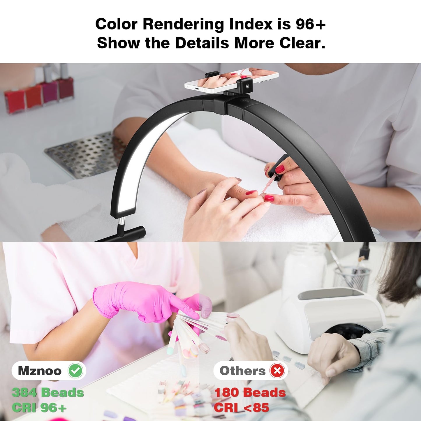 Mznoo Nail Light for Desk, 30'' LED Half Moon Lamp for Nail Techs, Manicure and Handicraft, Adjustable Color Modes and Brightness, with Phone Holder (Black)