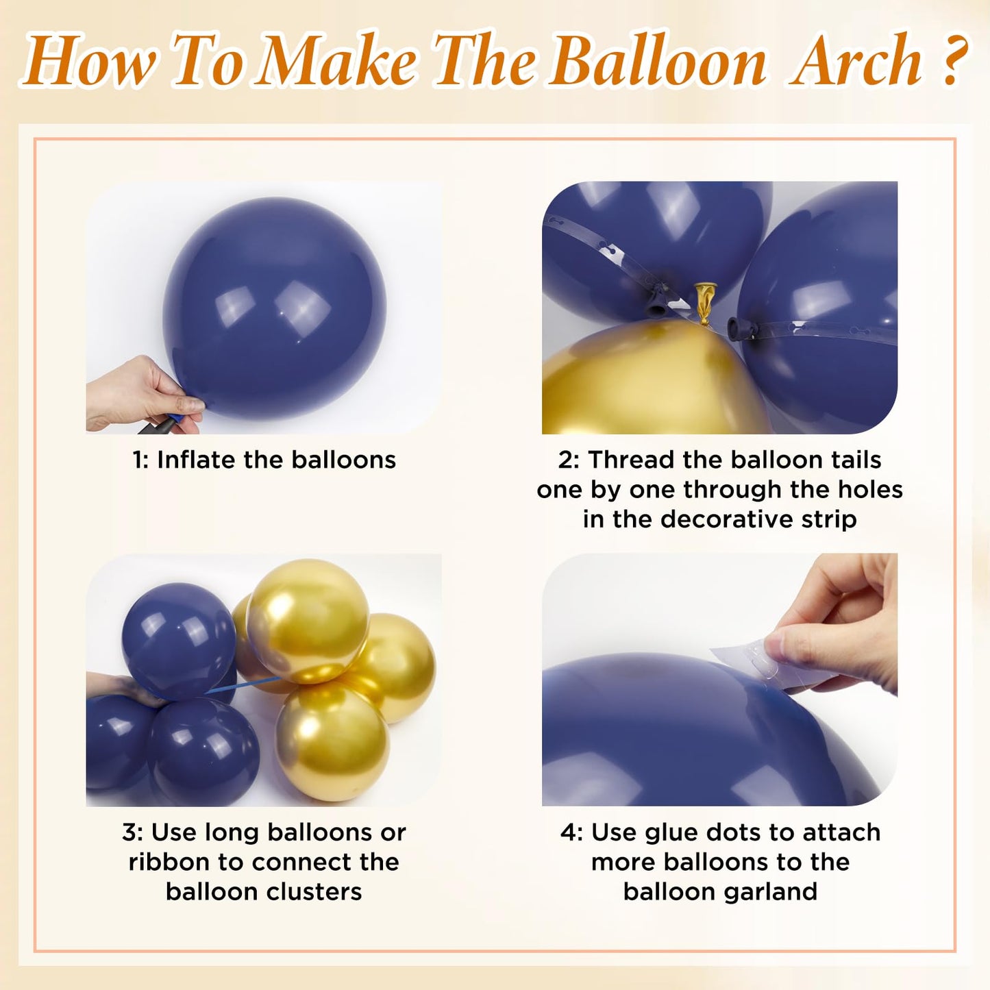 132pcs Blue and Orange Balloon Arch Garland Kit with Navy Blue Orange White Metallic Gold Balloons Foil Balloon for Birthday Party Decorations