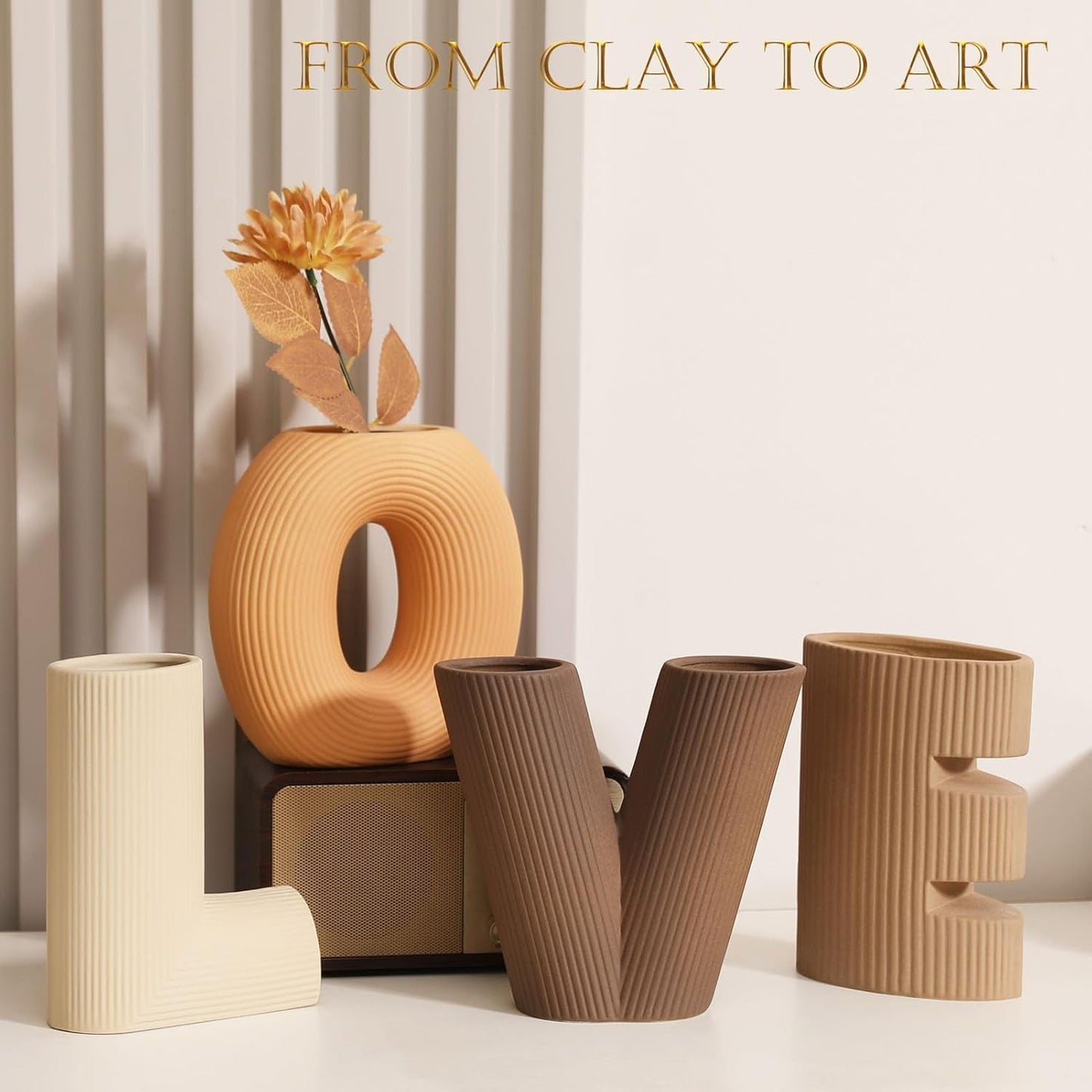 KingZiYu Modern Ceramic Vase Set of 4, Love Letter Shaped Decorative Vases, Neutral Boho Home Decor for Table Centerpiece, Living Room, Bedroom, Wedding, Gift (Khaki, Dark Brown, Orange, Beige)