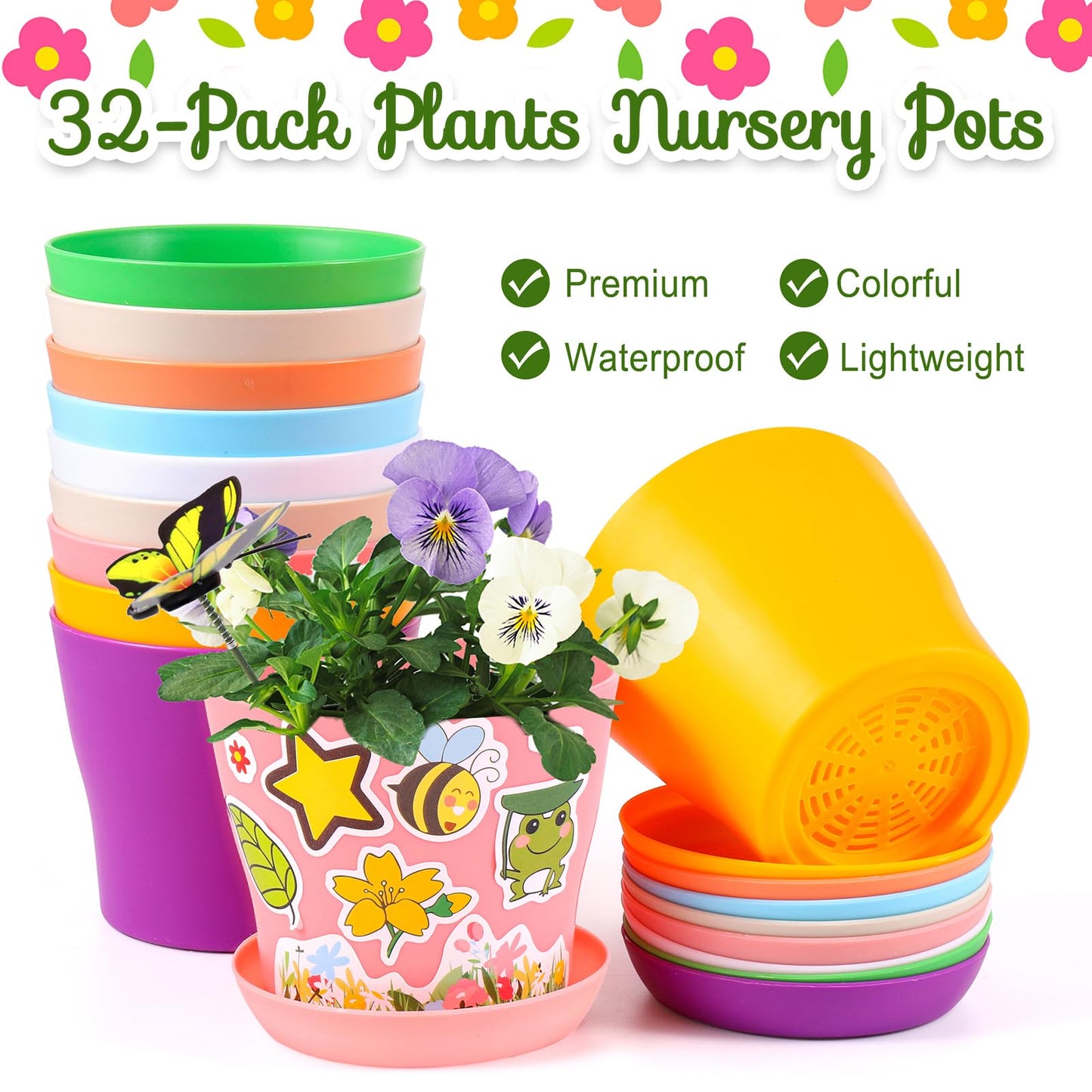 Aweyka 32 Set Garden Plastic Pot Craft Kit DIY Flower Plant Crafts Nursery Pots with Stickers Flower Planting Growing Kit for Spring Summer Home Classroom School Creative DIY Art Project Activities