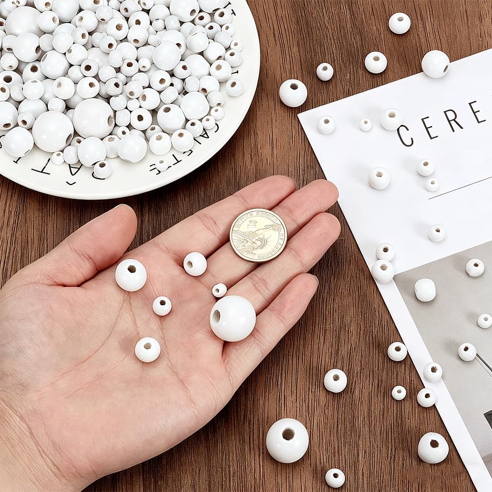 PandaHall 805pcs 6 Sizes White Wood Beads, 6/8/10/14/16/20mm Round Wood Beads Macrame Beads Loose Beads for Bracelet Jewelry Crafts Making