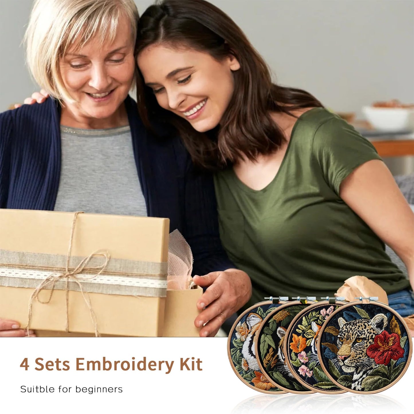 LB 4 Pack Wildlife Animal Leopard Embroidery Kit for Beginners Green Leaf Beginner Embroidery Kit for Adults DIY Starter Kit with Embroidery Hoop Colorful Threads Tools Step by Step Instructions