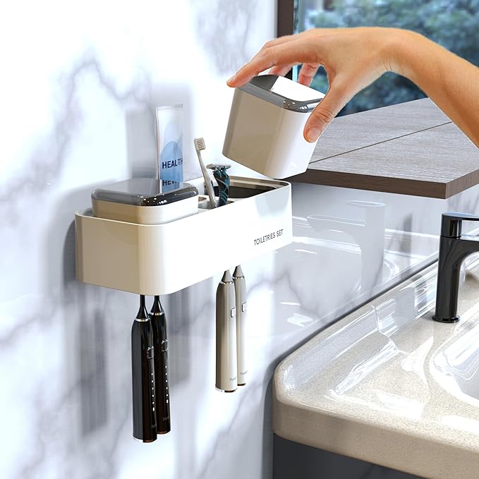 7AM2M Toothbrush Holders for Bathrooms,2 Cups Bathroom Organizer with Secure Hook - Stylish Wall Mounted or Desktop Use,Bathroom Organization and Storage,4 Toothbrush Slots, (White)