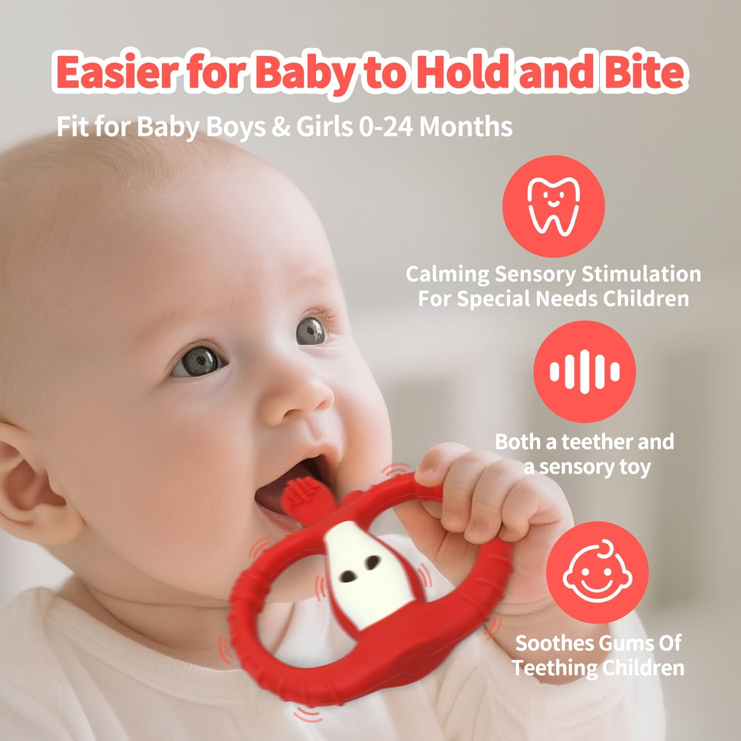 Vibrating Teether for Baby with Remote Control - Chewy Sensory Toy for Teething & Autism, 10-Speed Vibration Modes, USB Rechargeable, Food Grade Silicone Teether for Sensory Seekers (Red)