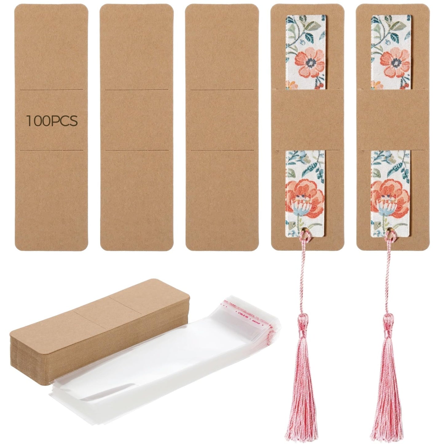 200 Pcs Bookmark Making Kit, 100 Book Marker Sleeves and 100 Clear Self Adhesive Bags, DIY Packaging Cards for Crafts Display Gifts and Handmade Projects