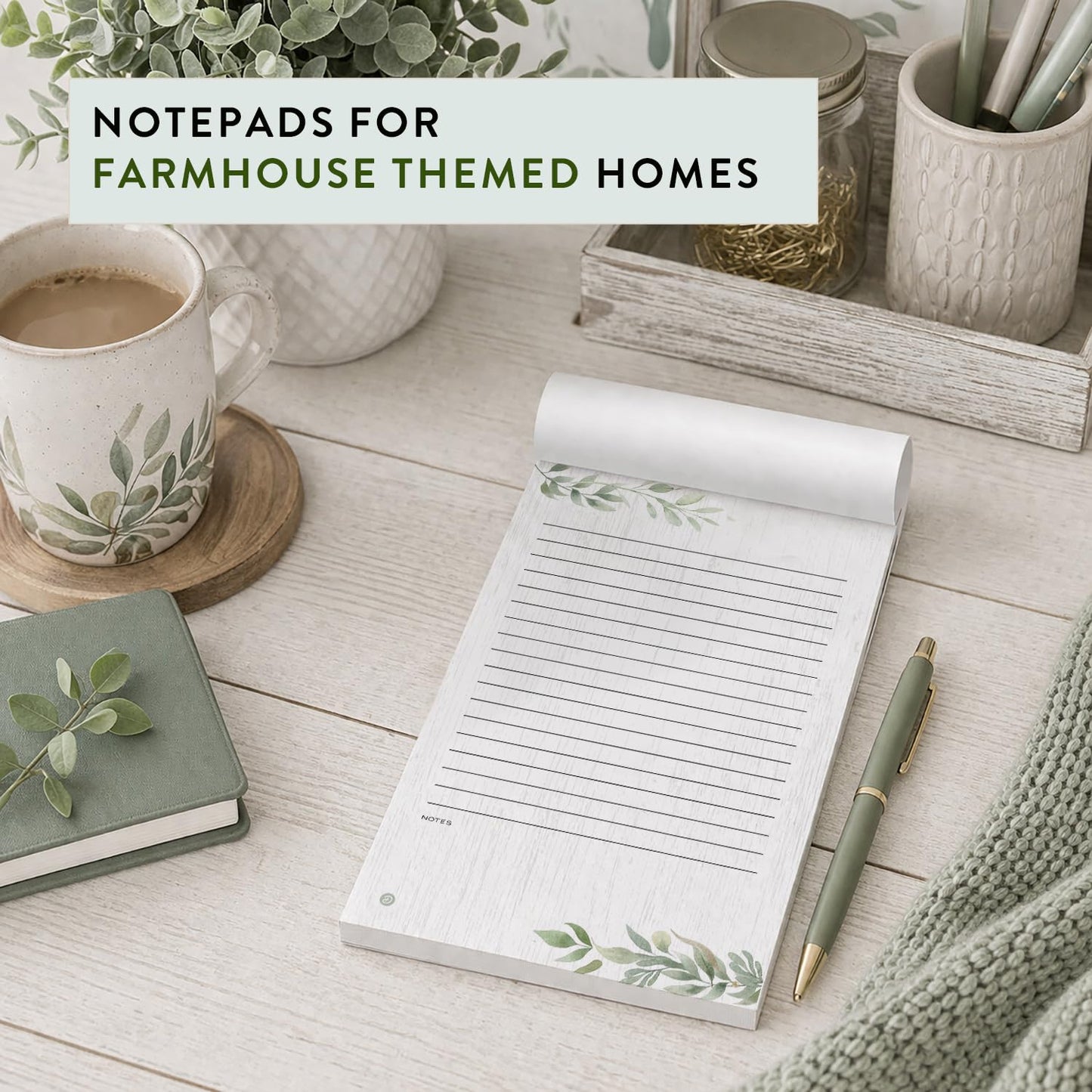 Dashleigh Farmhouse Notepad 5x8 Lined, 100 Sheets Rustic Sage Greenery Writing Pad with Tear Off Pages, Thick Paper Desk Notepad for Office and Home - To Do List Pad, Gift for Women, Kitchen Memo Pad