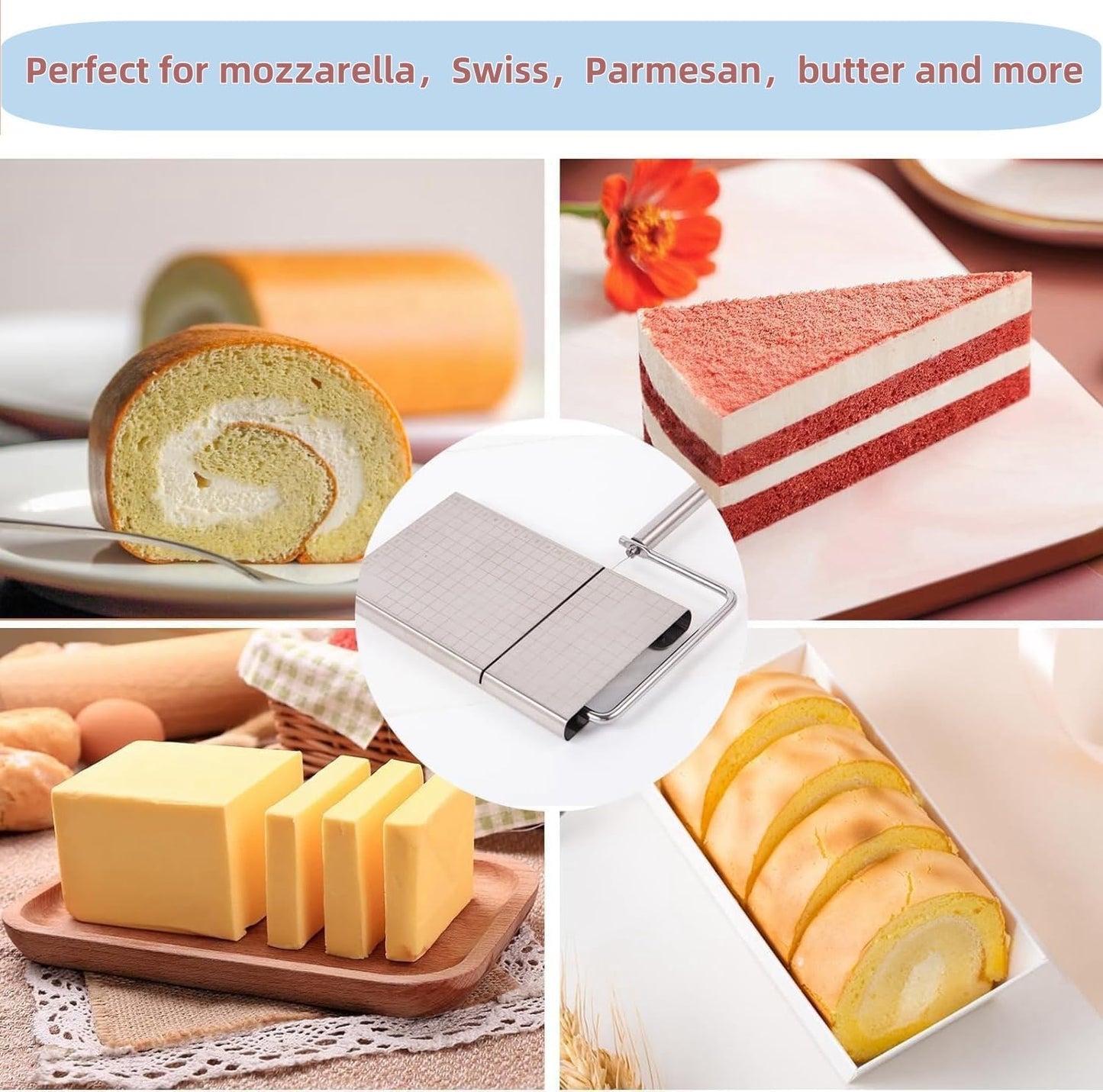 Direvcdro Stainless Steel Cheese Slicer with 5 Replacement Wires Adjustable Cheese Cutter and Cutting Board - For Block Cheese with Precision Scale for Gadget，Charcuterie etc
