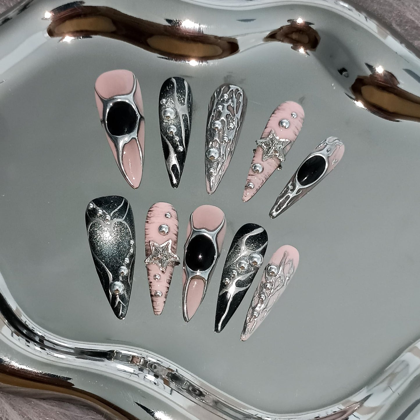 TENPAL Pink Black Press on Nails Long Stiletto,Metal Gothic Fake Nails with Punk Stars Beads,Cat Eye Glitter Edgy Y2K Ins False Nails with Tools,Sweet Grunge Irregular 3D Handmade Nails 10pcs(S)