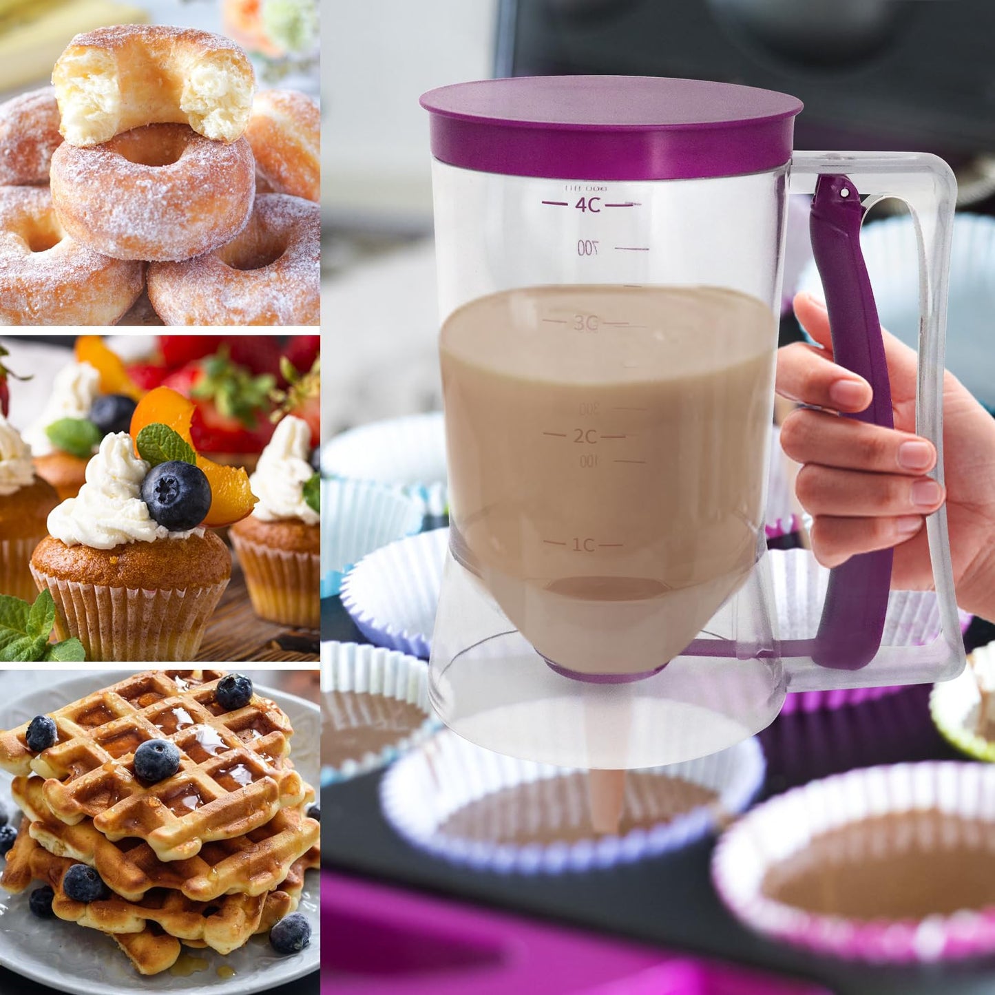 MIWOGA Pancake Batter Dispenser, Kitchen Must Have Tool for Perfect Pancakes, Cupcake, Waffle, Cake & Crepe, Batter Separator Maker with Measuring Label, Easy Pour Baking Supplies for Griddle (Purple)
