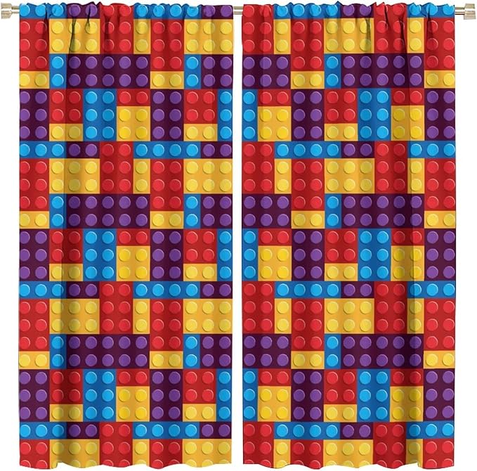 Building Block Colored Curtains, Children's Themed Curtains Collection Building Block Patchwork Cartoon Print Curtains, Light Trim 2 Panel Set Rod Pockets 42x45in