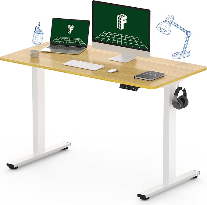 FLEXISPOT One-Piece Electric Standing Desk, 48 x 24 Inches Adjustable Desk with Seamless Desktop, Memory Controller Height Adjustment (White Frame + Maple Desktop, 2 Packages)