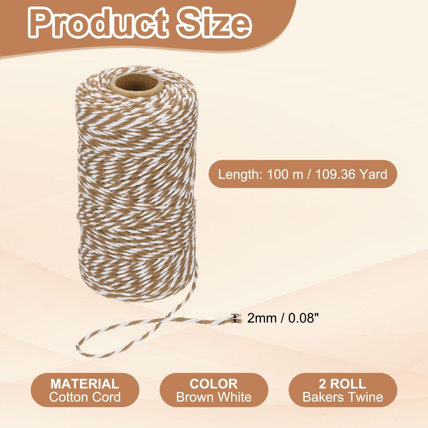 PATIKIL 2mm x 109 Yard Cotton Butcher Twine, 2 Roll Cotton Bakers Twine String Rope Cord for Gift Wrapping Arts Crafts Party Decorations Gardening, Brown White