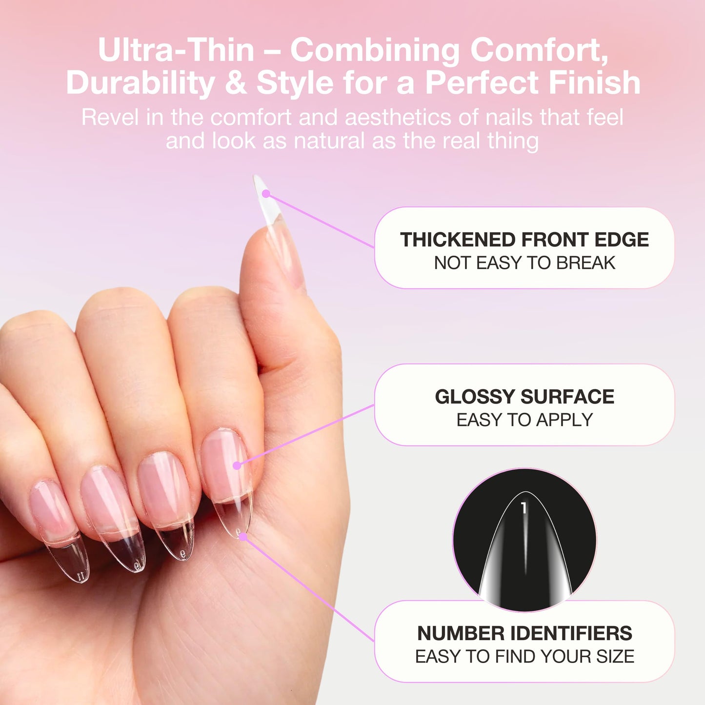 Curacoro Sculpted Medium Almond Gel Nail Tips 420Pcs, Clear Full Cover Soft Acrylic Tips 14 Sizes, Easy to Use, Long-Lasting, Glossy Finish