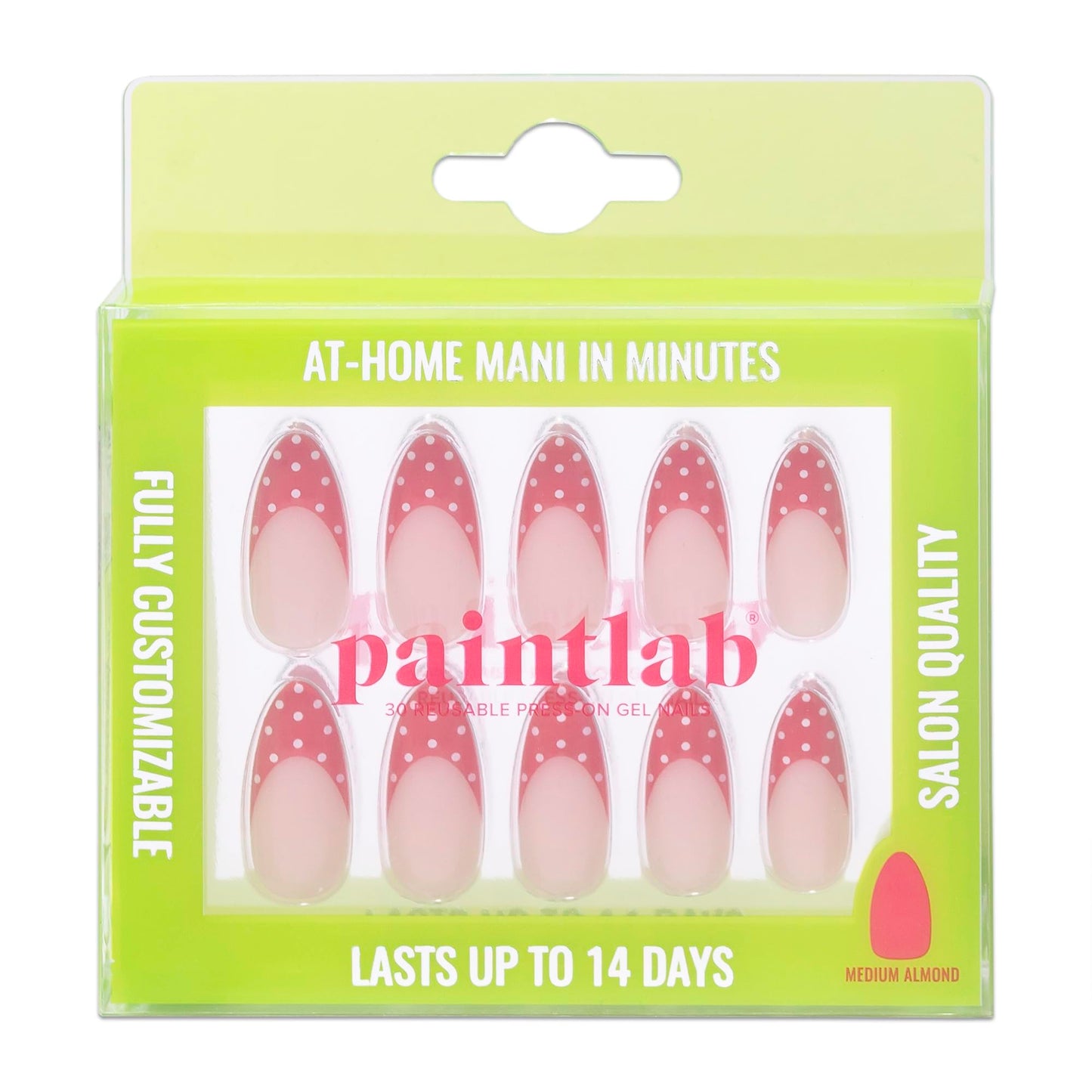 PaintLab Press On Nails - Red Polka Dot Almond Fake Nails, 30 Nails in 15 Sizes with Glue, Reusable Salon Quality Polka Dot Press On Nails