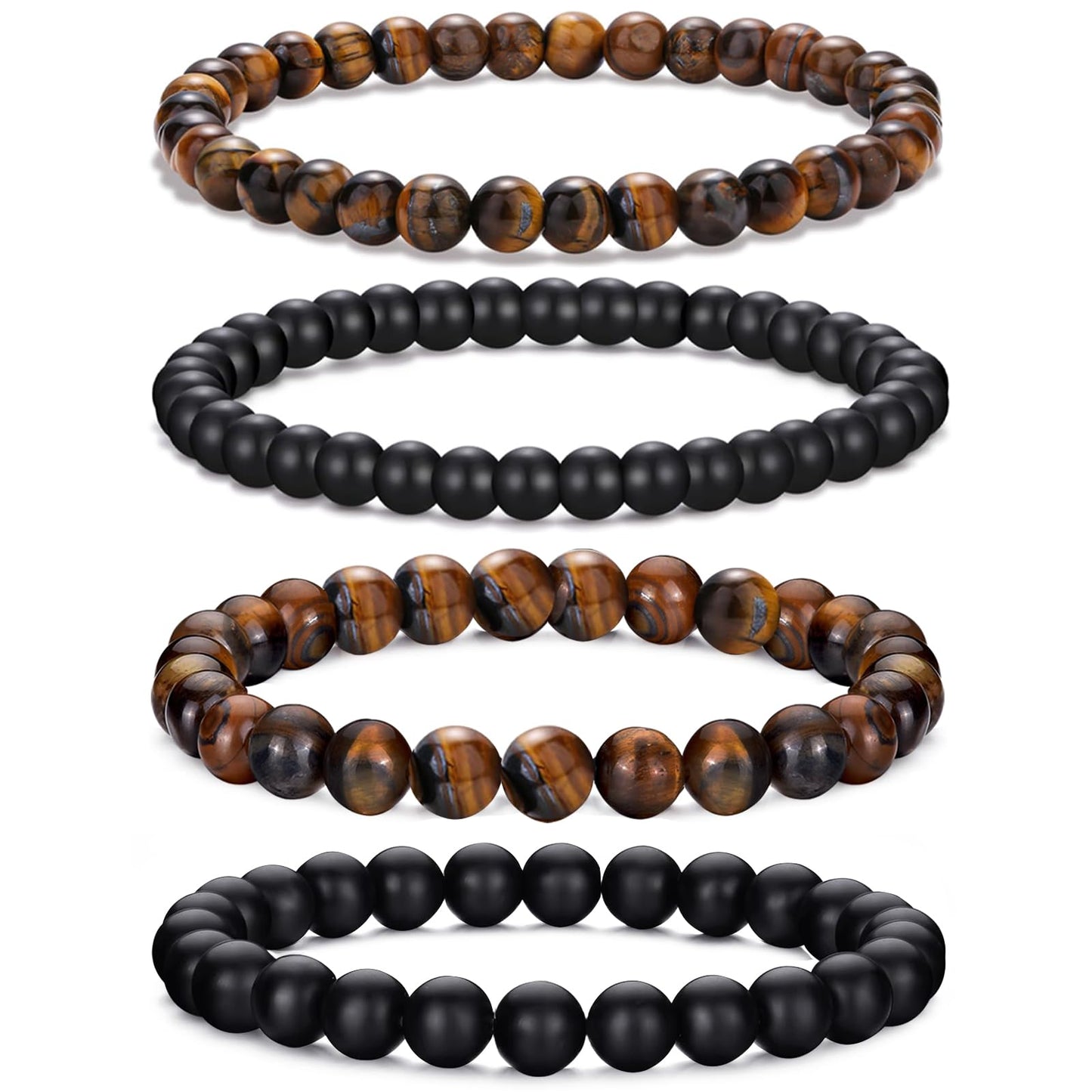 LOWNOUR Mens Bead Bracelet Adjustable Elastic Rope With 6&8MM Natural Stone Tiger Eye Bracelets for Men Gift 4pcs (Beaded Bracelets)