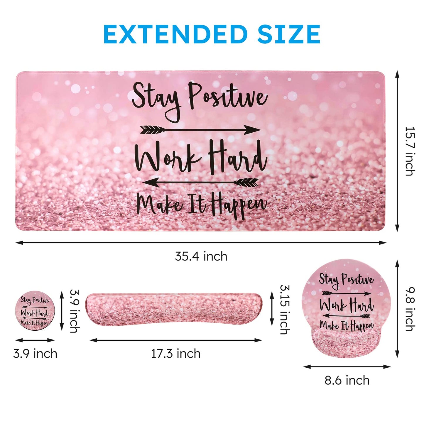 iCasso Mouse Pad,Large Pink Desk Mat Set, 4in1 XXL Mousepad + Keyboard Wrist Rest+Mouse Wrist Rest+Coaster with Ergonomic Desk Pad for Home Office Table Computer Cover -Pink Stay Positive