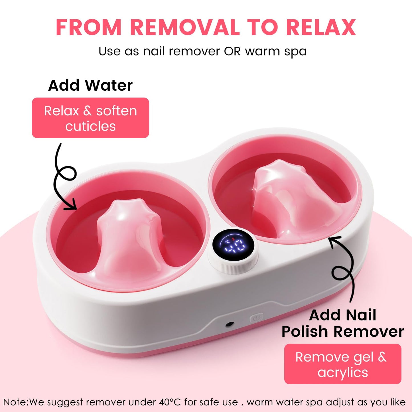 Dual Nail Soaking Bowl Electric: 31-50°C Temp Control Nail Soak off Bowl for Gel Polish Dip Acrylic Nails Remove- 2 in 1 Heated Hand Spa & Manicure Nail Remover Bowl Acetone Proof for Salon Home