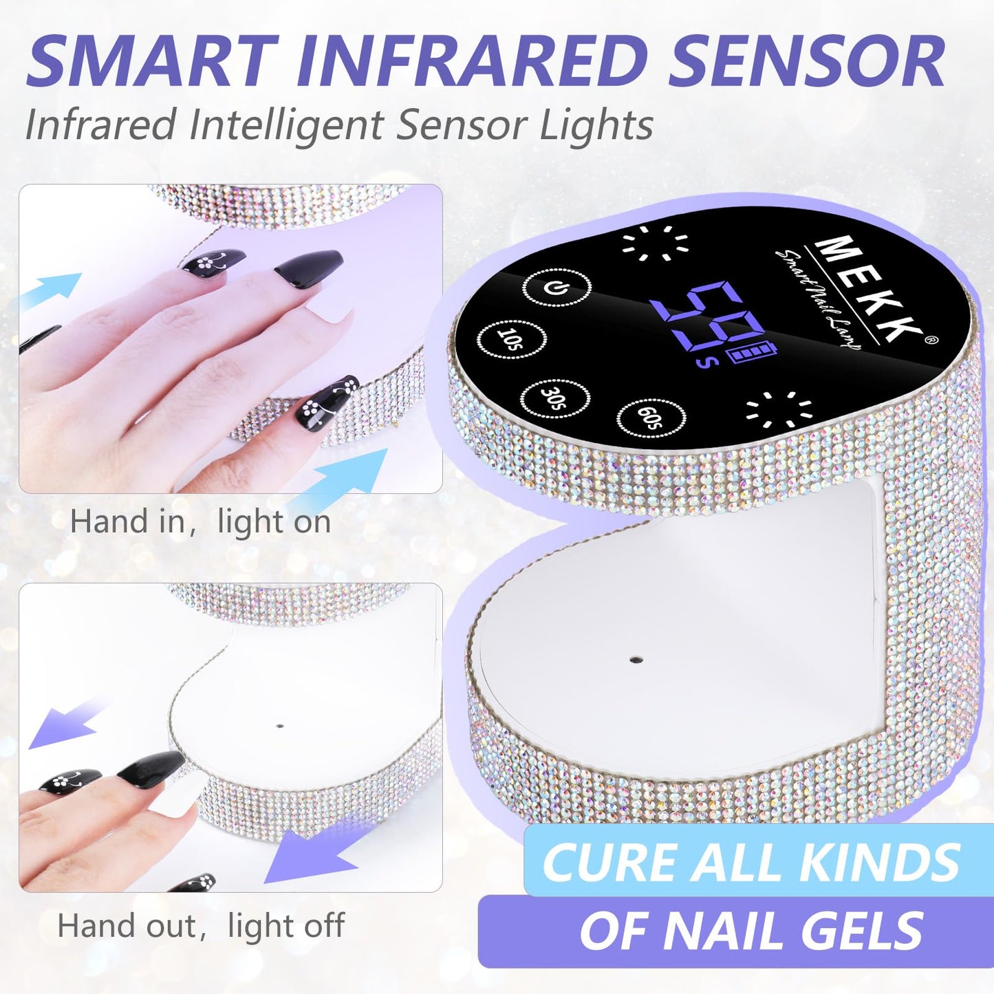 MEKK Cordless Mini UV Light for Gel Nails - 24W Rechargeable Mini UV LED Nail Lamp with Touch Control & Auto Sensor,Small Flash Cure Lamp,4 Timers,Portable Nail Light for Tavel & Home Use-Diamond