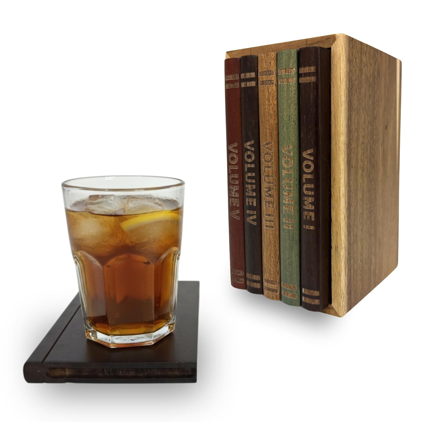 The Coaster Library | 100% Acacia Wood | Set of 5 Book-Style Decorative Drink Coasters with Wooden Stand | Coffee, Tea & Cocktail Display | Statement Tabletop Accent