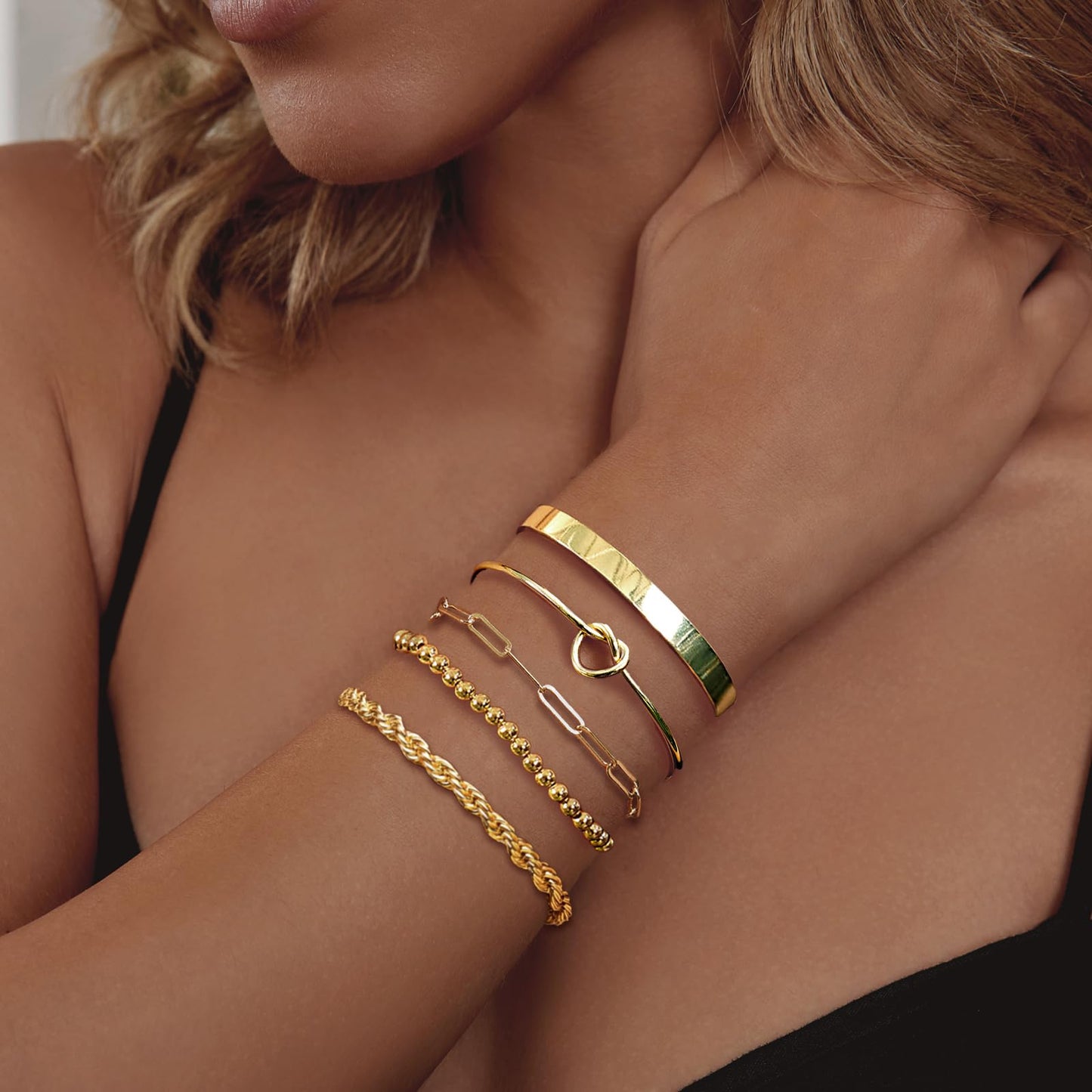 HERIER Gold Bangle Bracelets Stack for Women 14K Gold Plated Cuff Beaded Bracelet for Women Stackable Rope Paperclip Chain Bracelet Jewelry Set Trendy