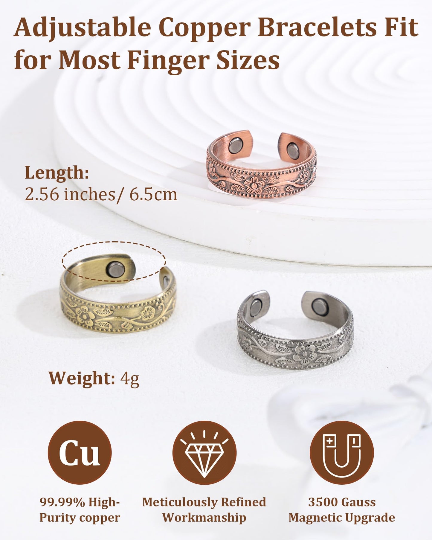 BioMag Magnetic Lymphatic Drainage Ring Set, 3 Pcs 99.99% Pure Copper Rings for Women with 3500 Gauss Magnets, Adjustable Size, Floral Branch and Leaf Pattern