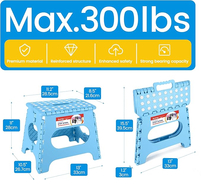 ACSTEP Folding Step Stool for Adults 11 Height Lightweight Plastic Stepping Stool Foldable Step Stool Hold up to 300lbs Non Slip Collapsible Stool for Kitchen, Bedroom, Blue