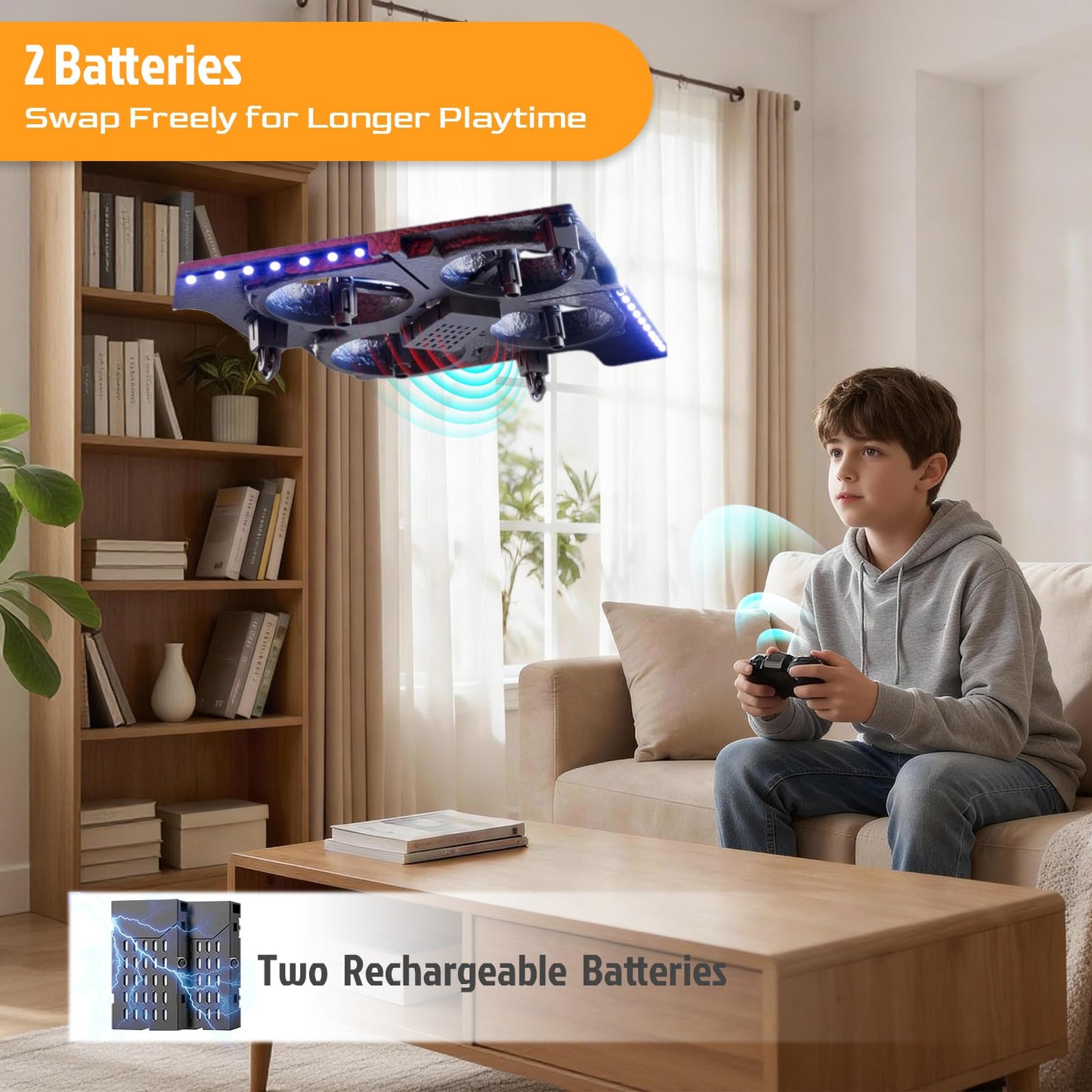 Foam Bomber-Style Drone - RC Airplane with Cool Blue LED Lights, Easy-to-Fly Remote Control Aircraft for Beginners, 2 Batteries (15 Mins Flight), Altitude Hold & 360° Flips, Indoor/Outdoor Hobby Gift