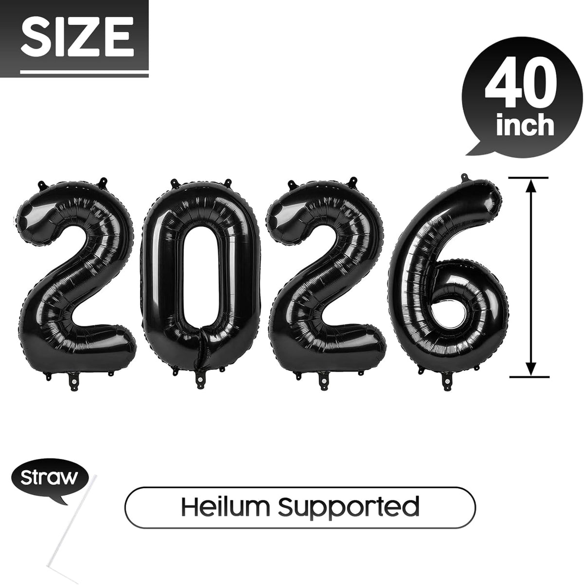 2026 Balloon - 2 Pack Black Birthday Number Balloons, 40 Inch Large Foil Balloons for Men Women Boys Girls Black Themed Birthday Decorations，Number 2026 Balloon