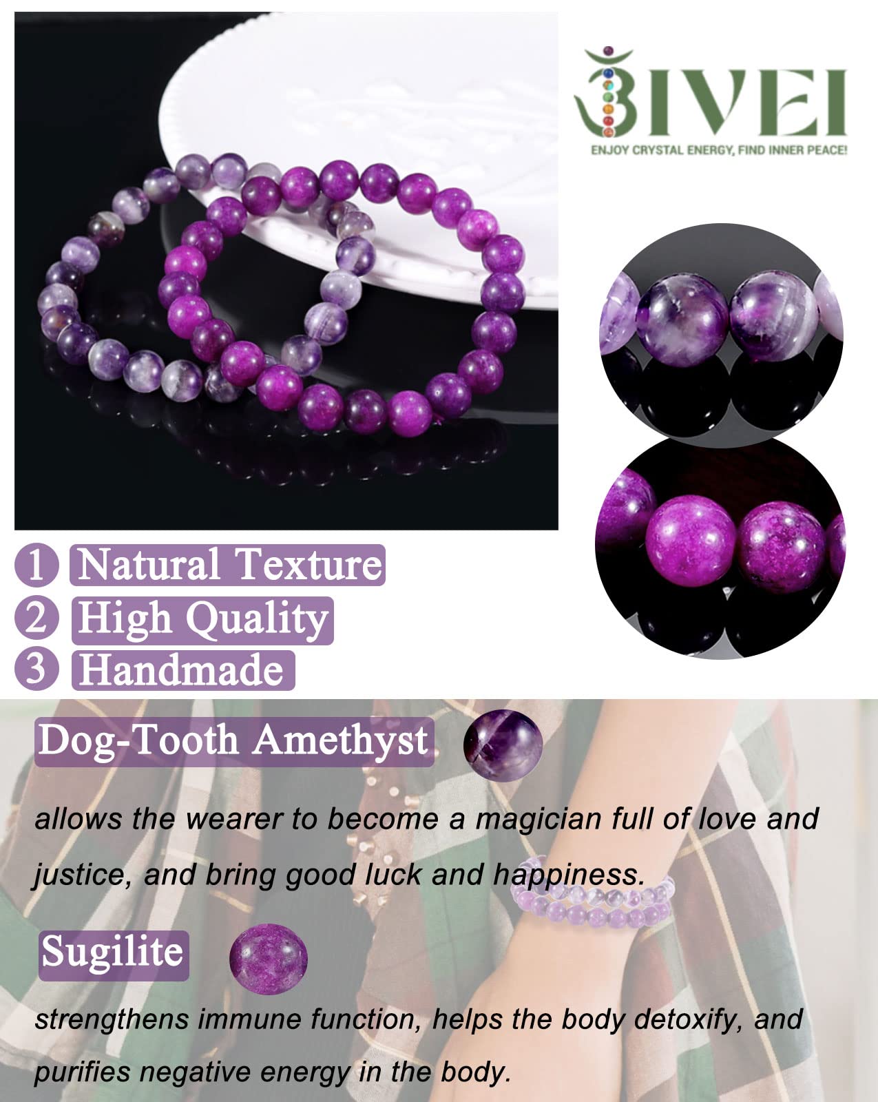 Bivei Natural Gemstone Semi Precious Crystals Handmade Stretchy Round Beads Bracelet, Enhance Positive Energy,Stocking Stuffers for Women(Dog-Tooth Amethyst & Sugilite (Love & Happiness) Large)