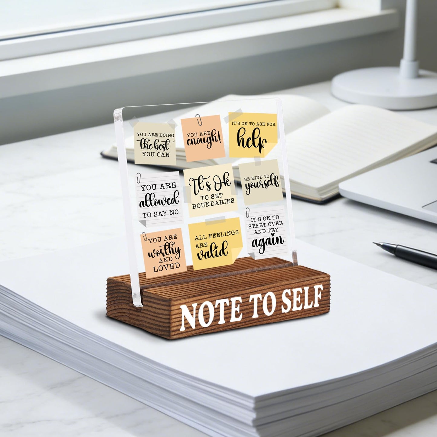 Inspirational Desk Decor with Positive Self Reminder Notes, Acrylic Encouragement Sign with Rustic Wood Base, Motivational Office Desk Gift for Coworker Friend SNOTE11
